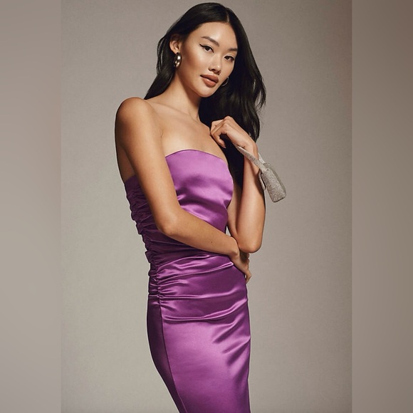 BHLDN Selena Strapless Stretch Satin‎ Slip Ruched Midi Dress Purple Size Medium - Picture 2 of 15